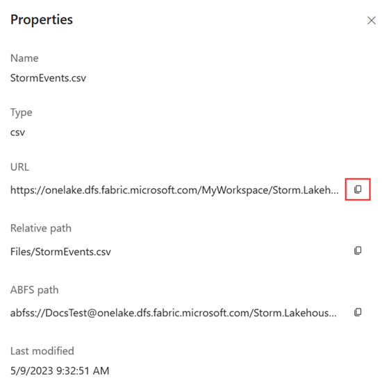 Screenshot of a Lakehouse file's Properties pane. The copy icon to the right of the file's URL is highlighted.