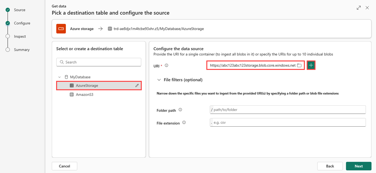 Screenshot of configure tab with new table entered and one sample data file selected.