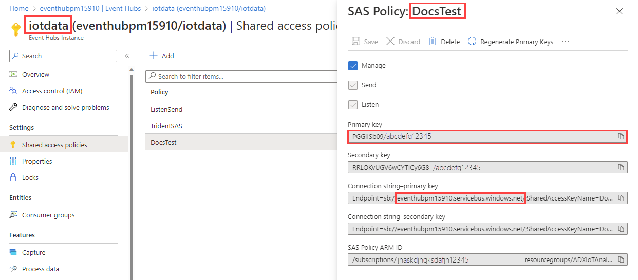 Screenshot showing how to fill out connection with data from Azure portal.