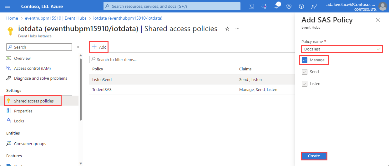 Screenshot of creating an SAS policy in the Azure portal.