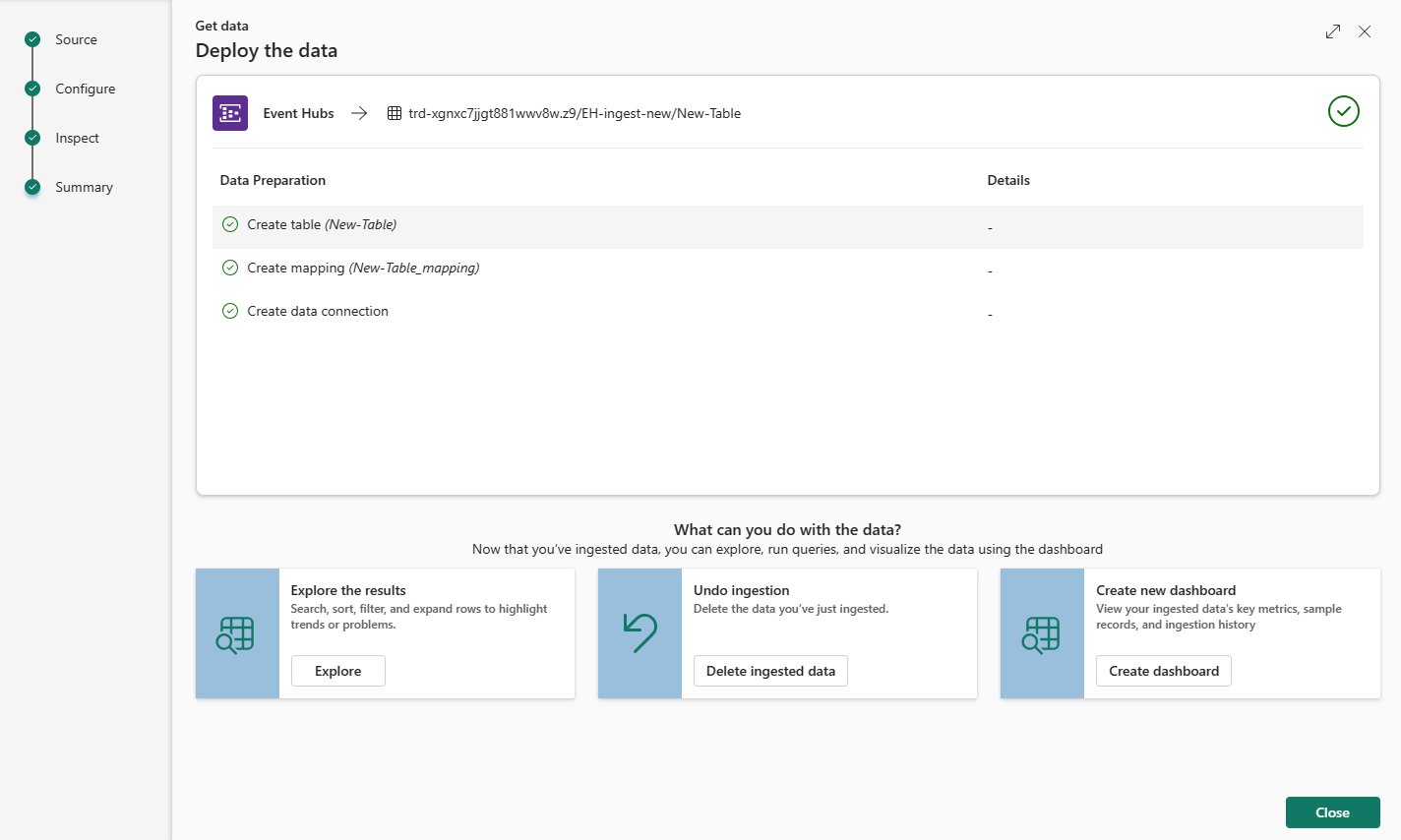 Screenshot of summary page with successful ingestion completed.