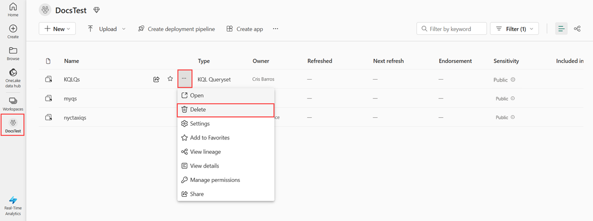 Screenshot of Microsoft Fabric workspace showing how to delete a KQL queryset.