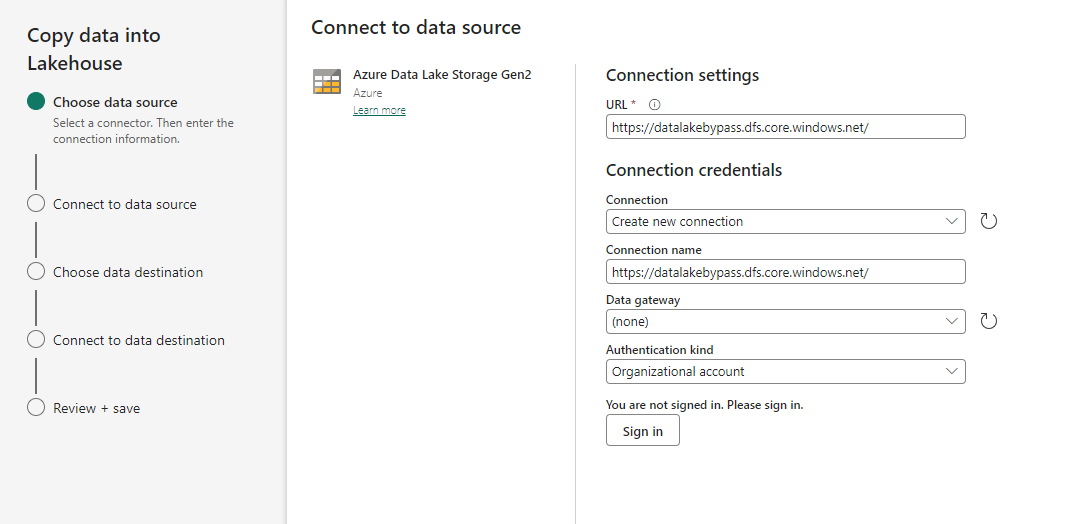 Screenshot showing connection settings for the data source.