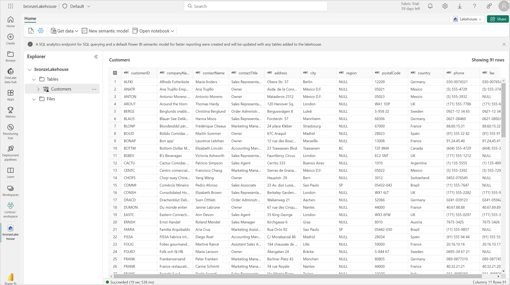 Screenshot showing previewing storage data through lakehouse shortcut.