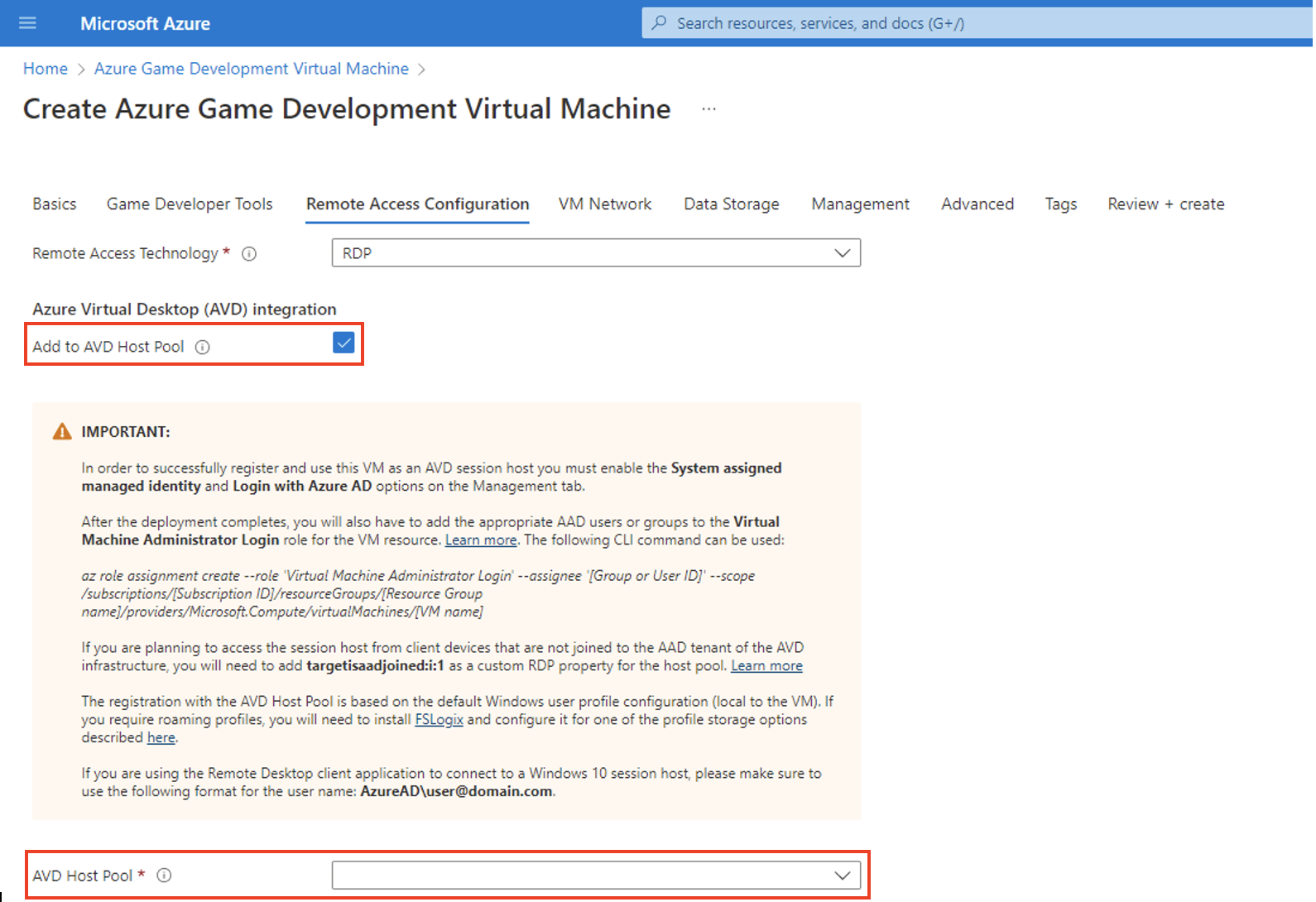 Screenshot showing to select existing Host Pool