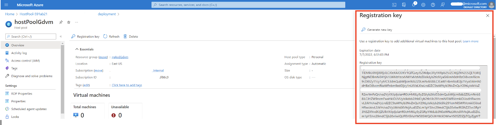Screenshot showing how to view registration key for host pool