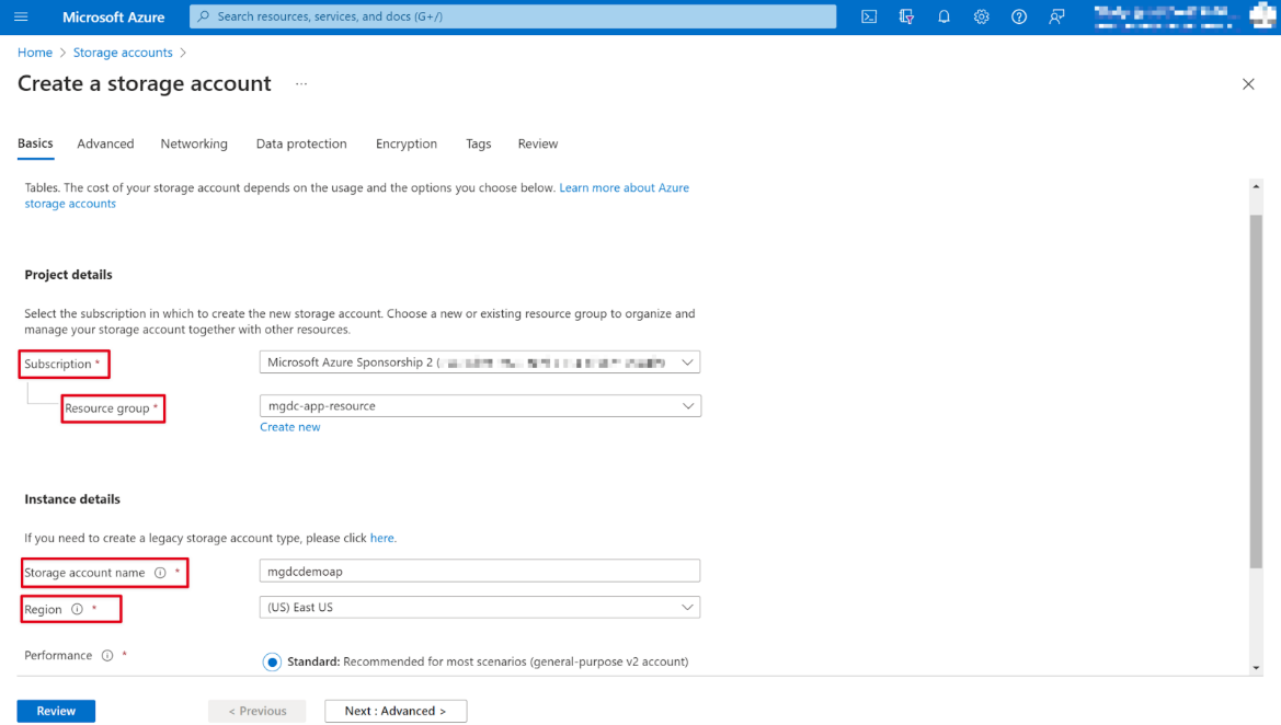 Screenshot of the Create a storage account page with Subscription, Resource group, Storage account name, and Region highlighted