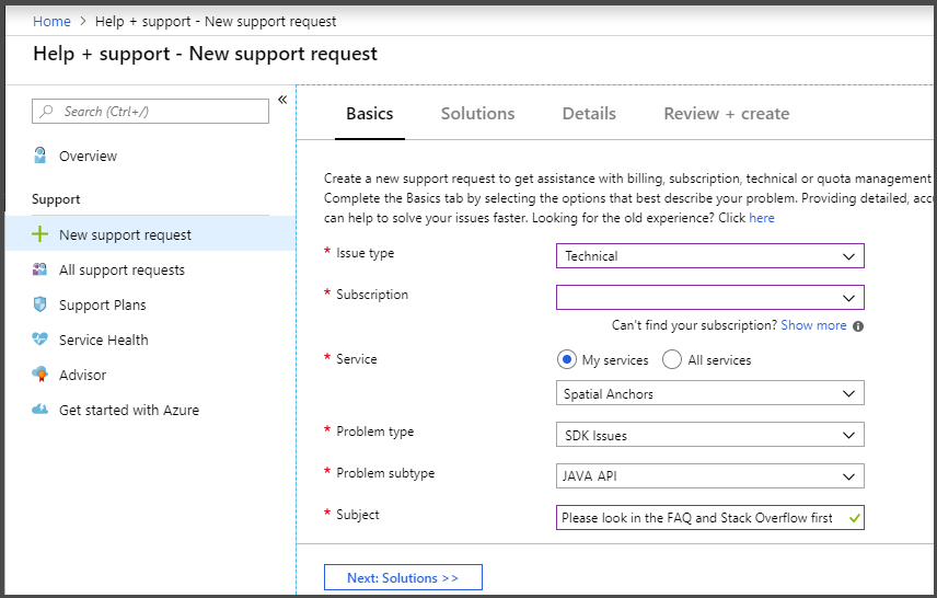 Azure portal support ticket fields.