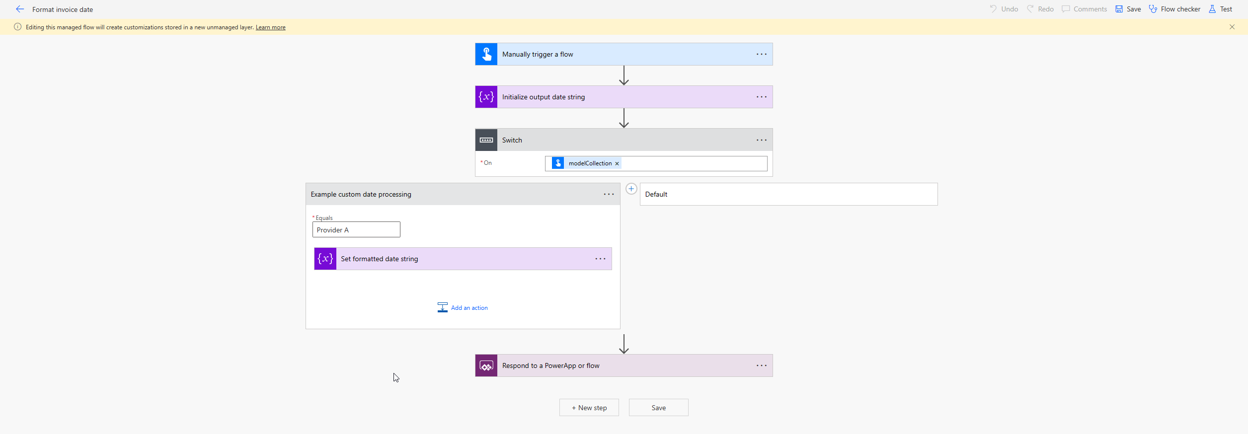 Screenshot of adding a custom date to the Format invoice date flow.