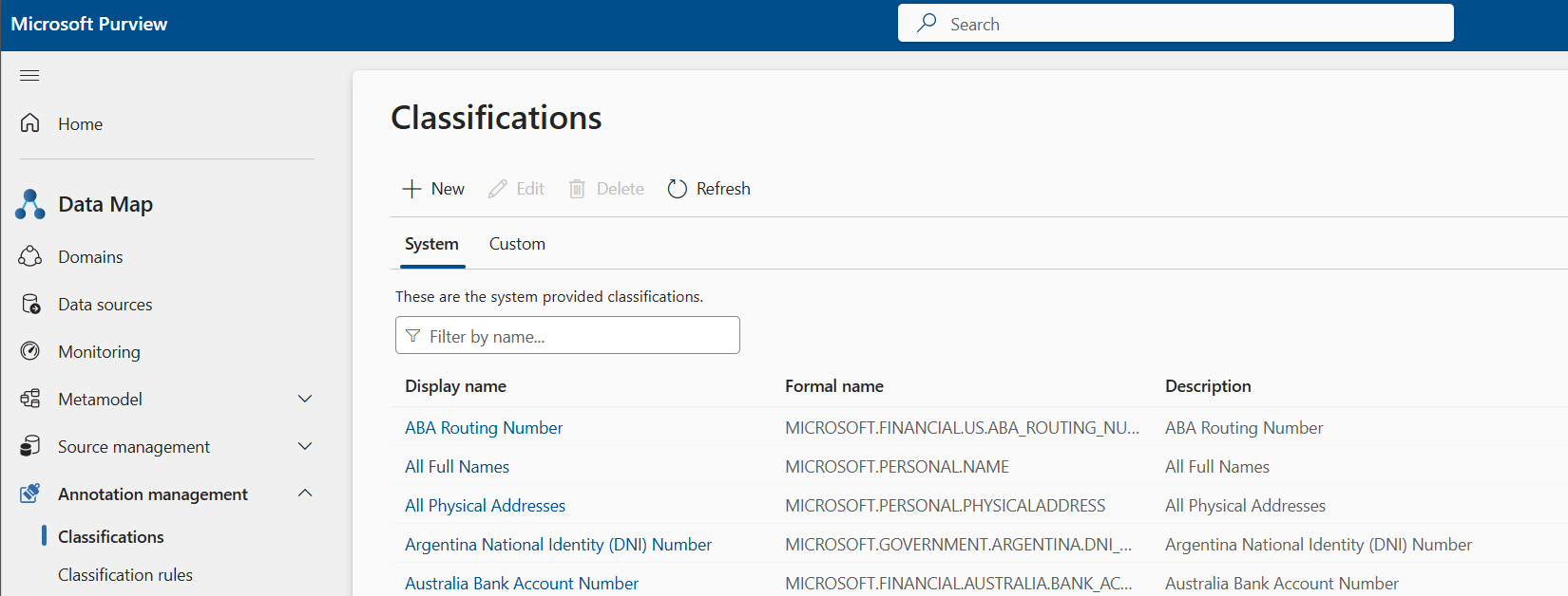 Screenshot that shows a list of system classifications on the 'Classifications' pane.