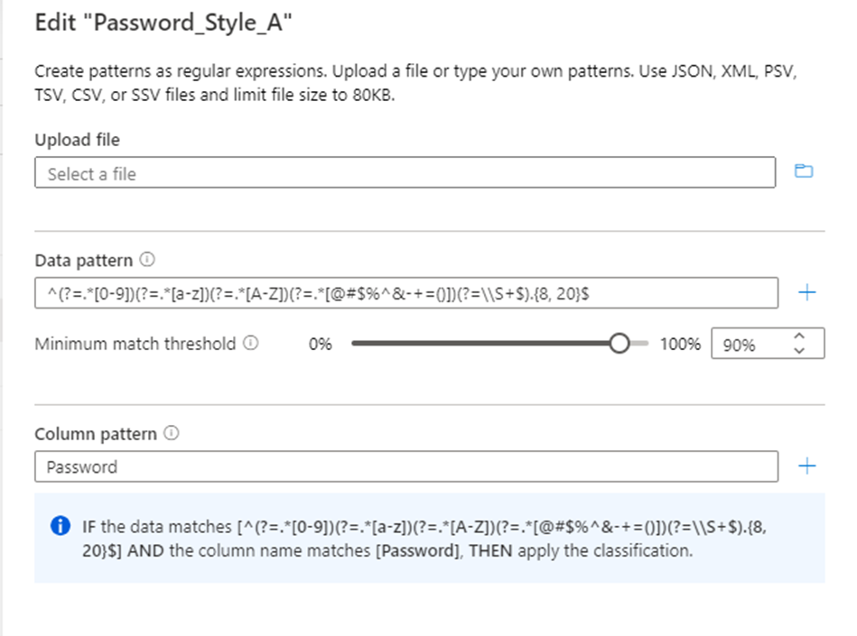 Screenshot that shows the regex method for creating a custom classification rule.