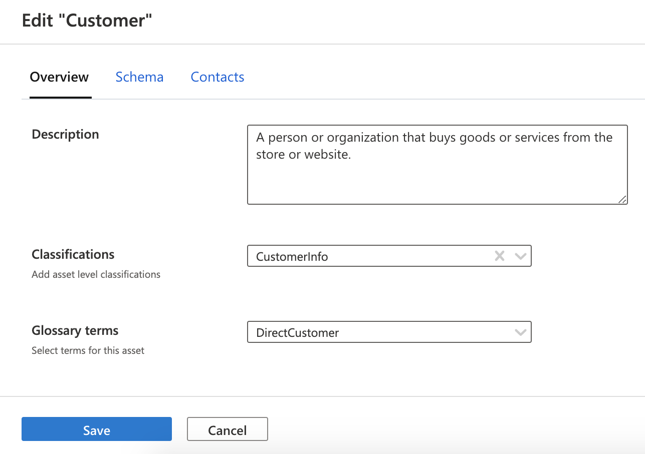 Screenshot showing how to select classifications to add to a table asset.