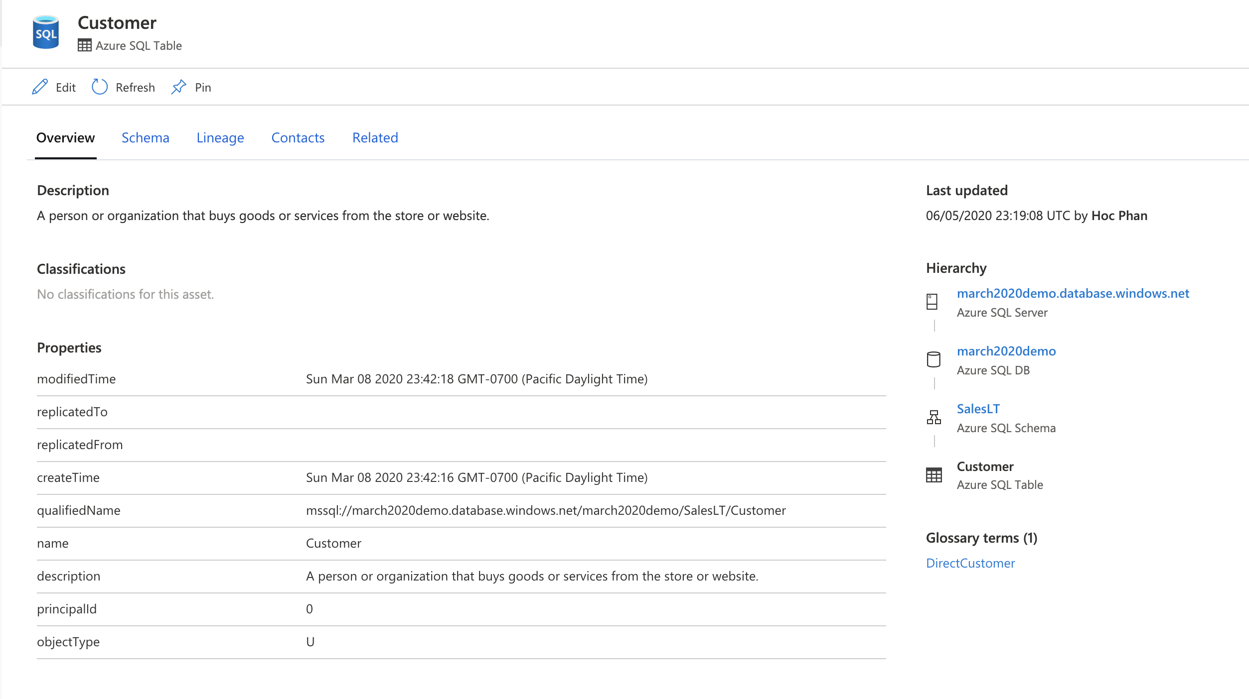 Screenshot showing how to view and edit the classifications of a table asset.