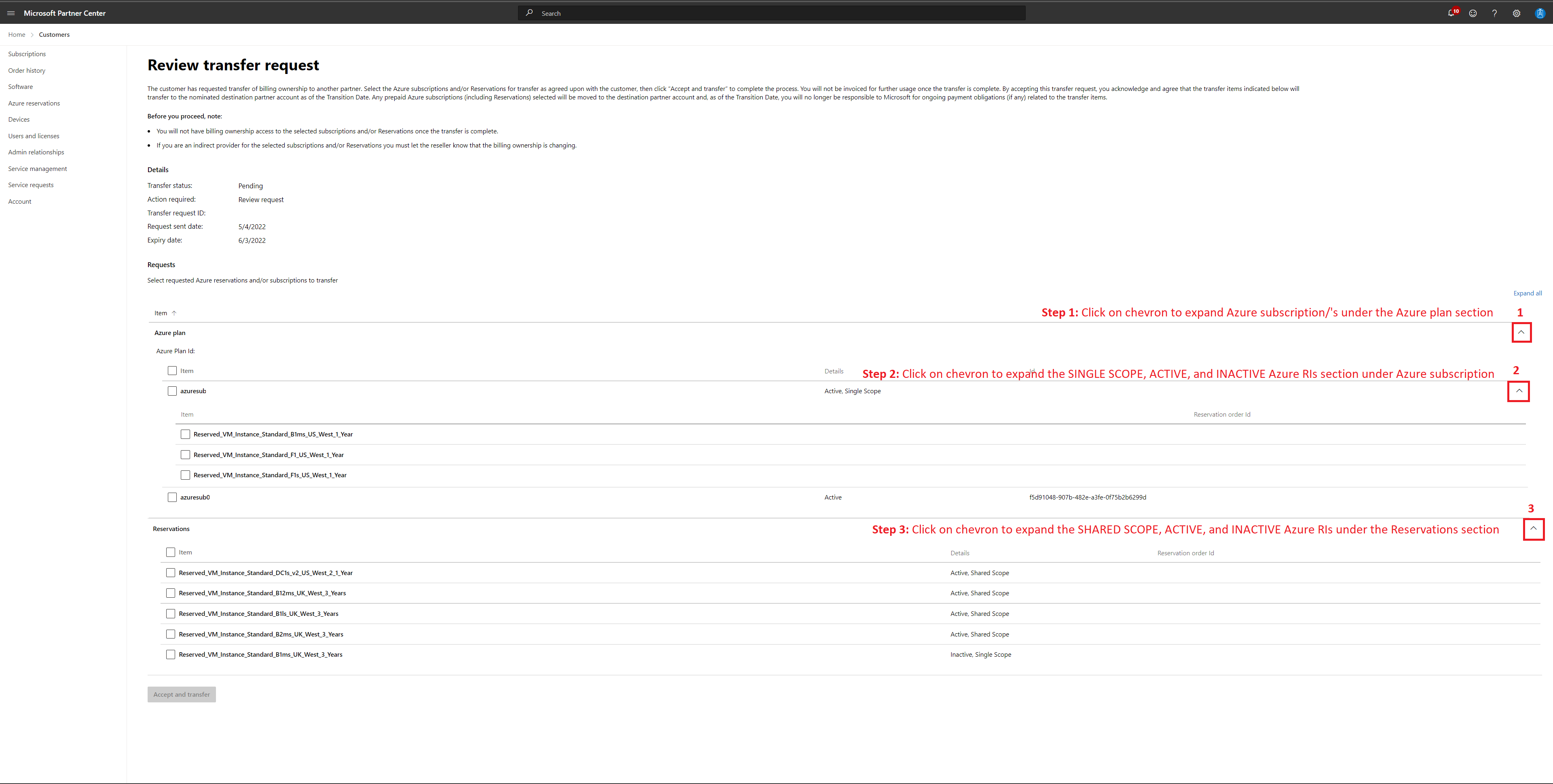 Screenshot that shows reserved instance transfer.