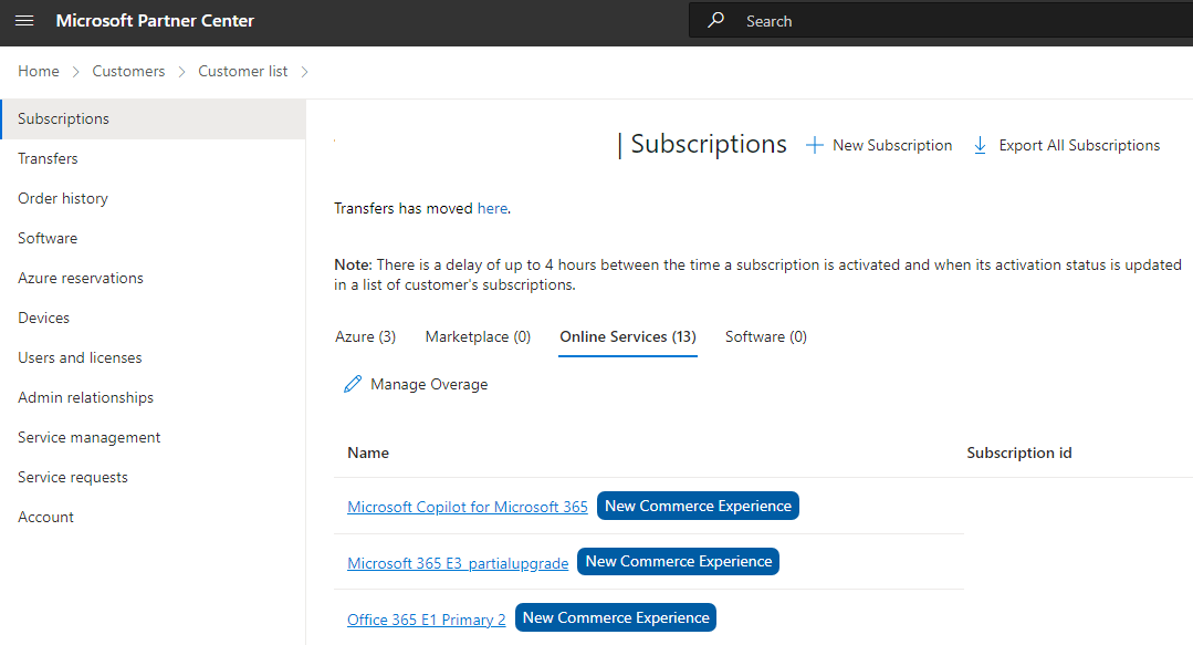Screenshot of the Subscriptions window, in the Online Services tab.