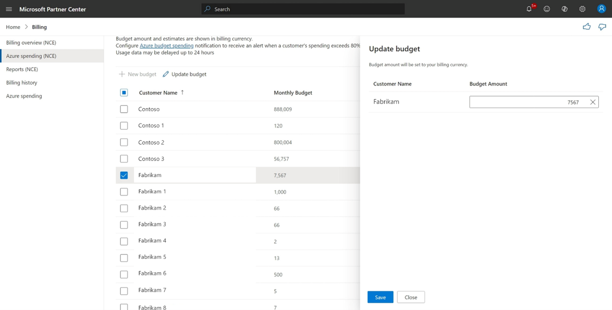 Screenshot shows the new NCE version of the Azure spend page, with the Update budget configuration setting open.