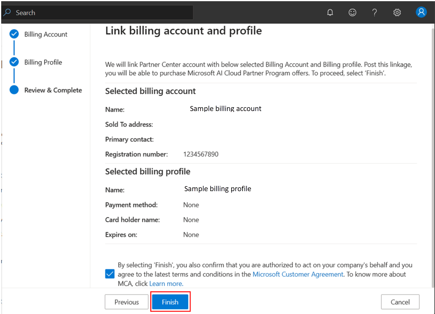 Screenshot of the account settings billing profile screen with the link billing account and profile panel open.