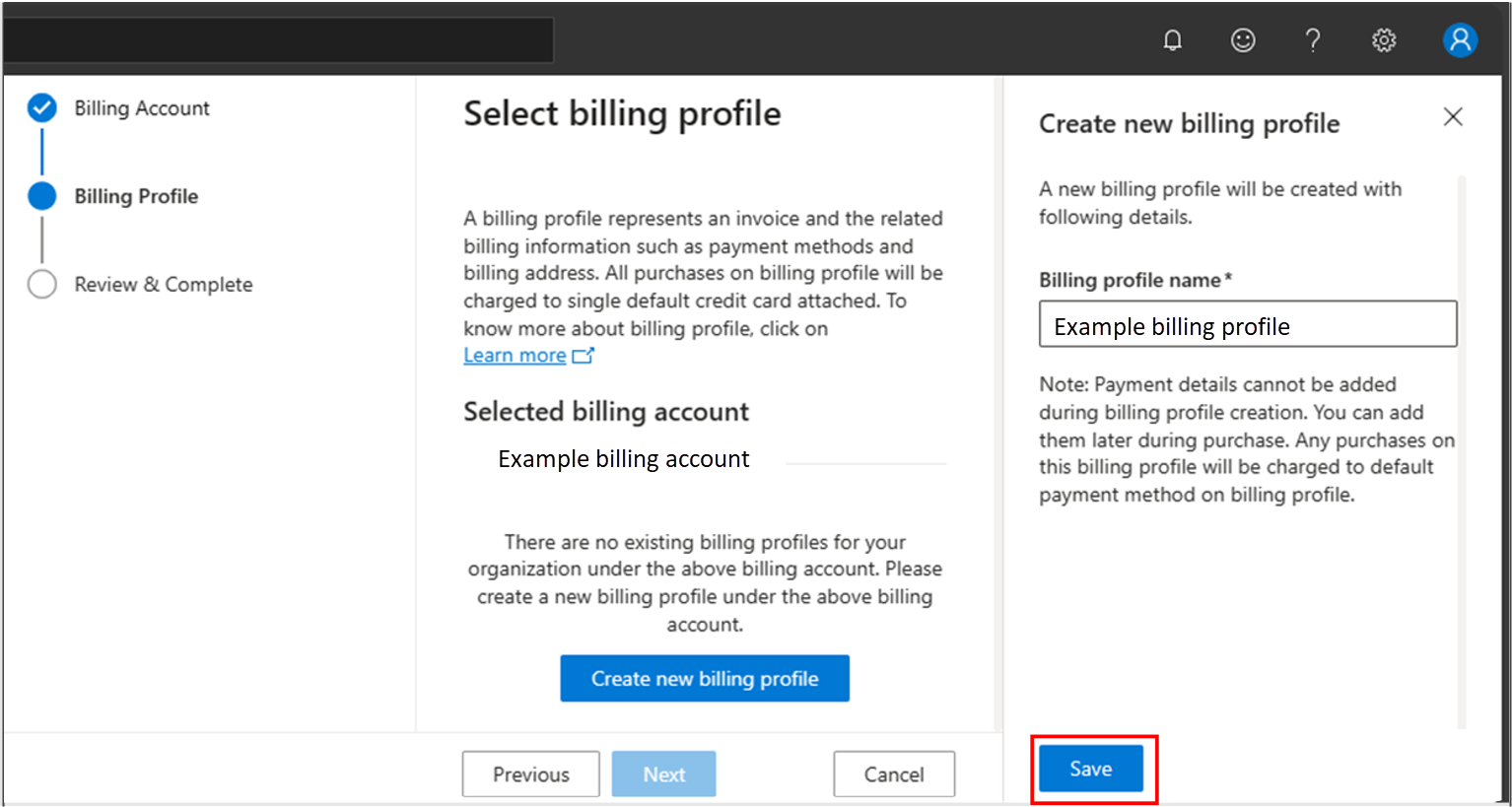 Screenshot of the create new billing profile prompt.