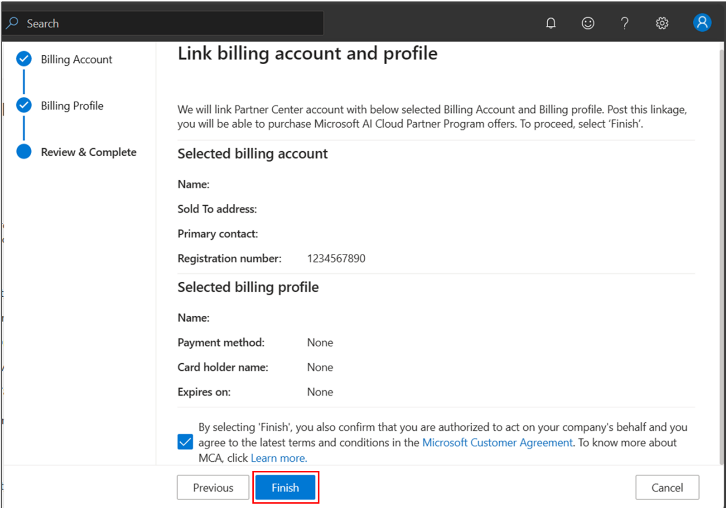 Screenshot of the finish button on the link billing account and profile screen.