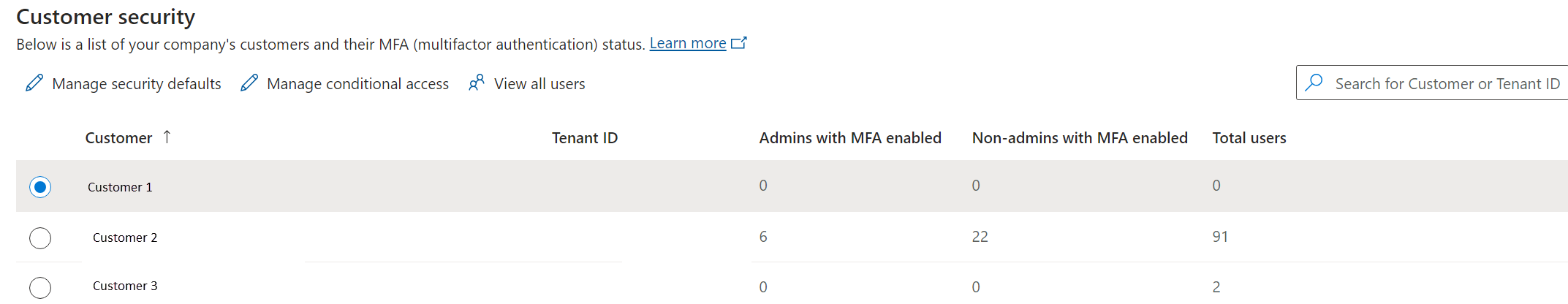 Screenshot of the Customer multifactor authentication page, showing a list of customers, with a single customer selected.