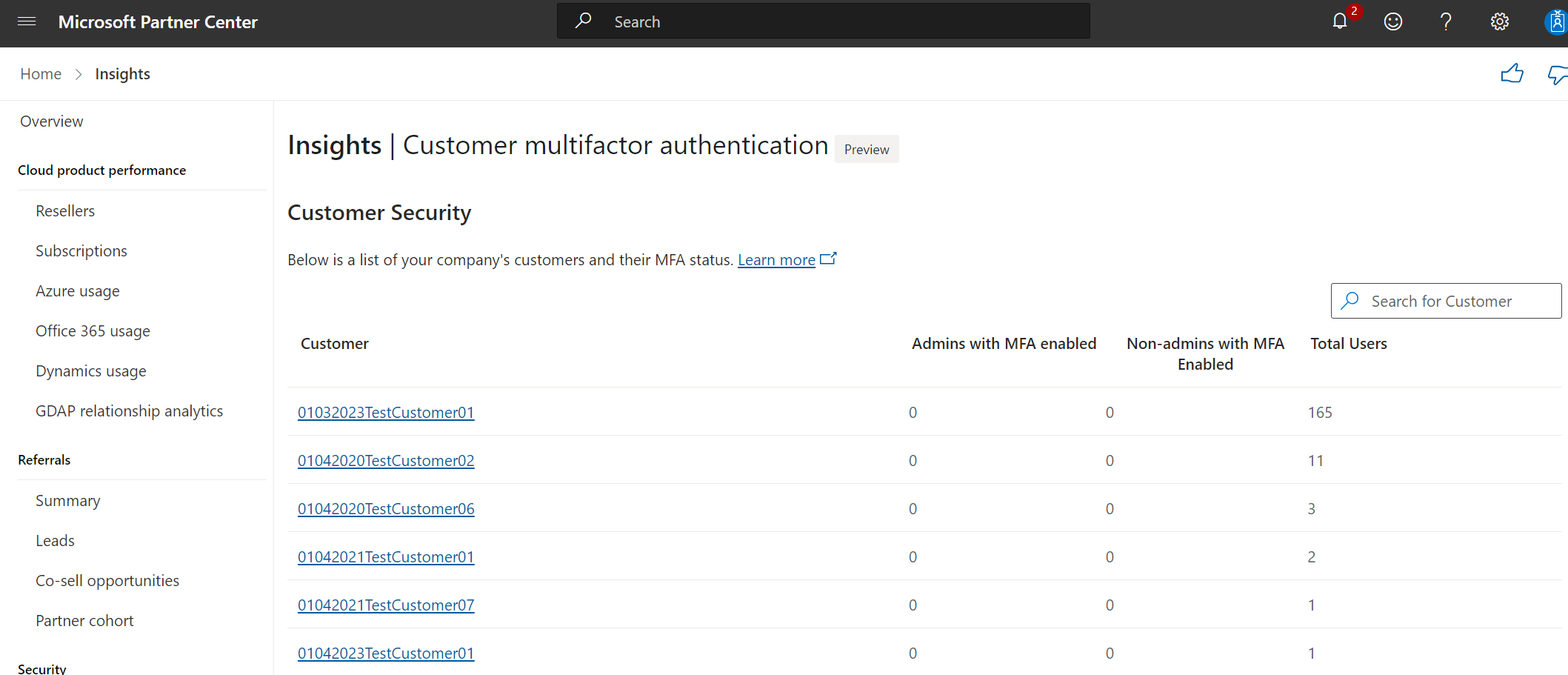 Screenshot of the Customer multifactor authentication page, showing a list of customers and their MFA status.