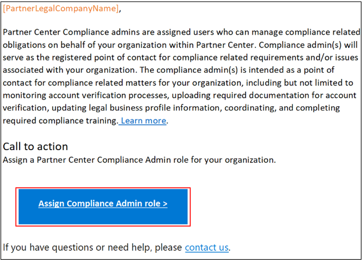 Screenshot shows Call to Action screen, with Assign Compliance Admin button highlighted.