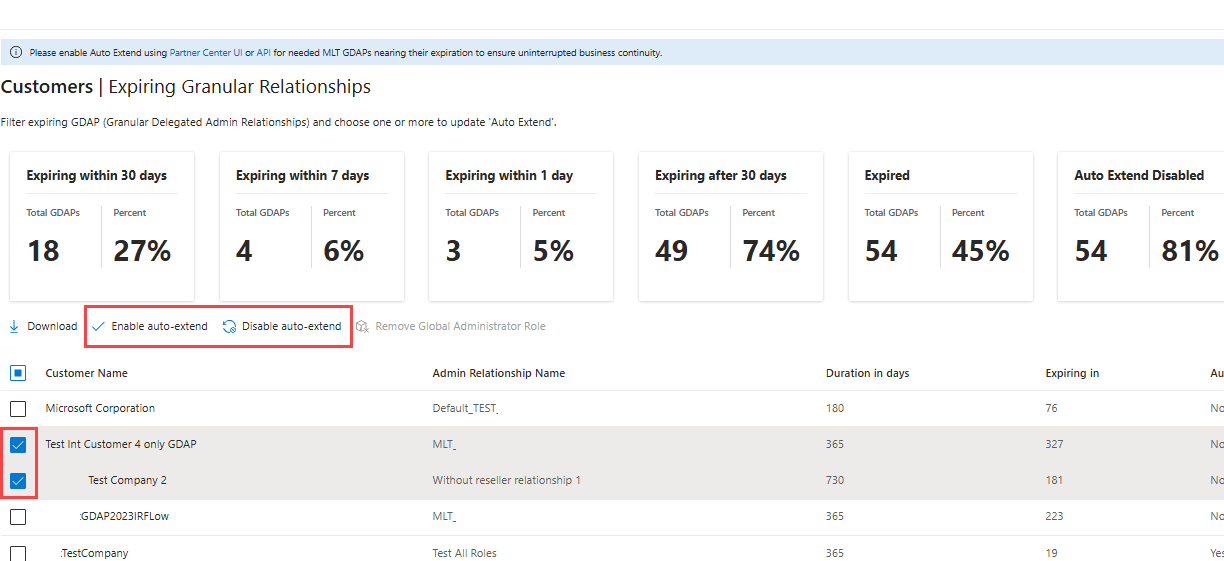 Screenshot of the Expiring Granular Relationships. Multiple customers are selected at once.