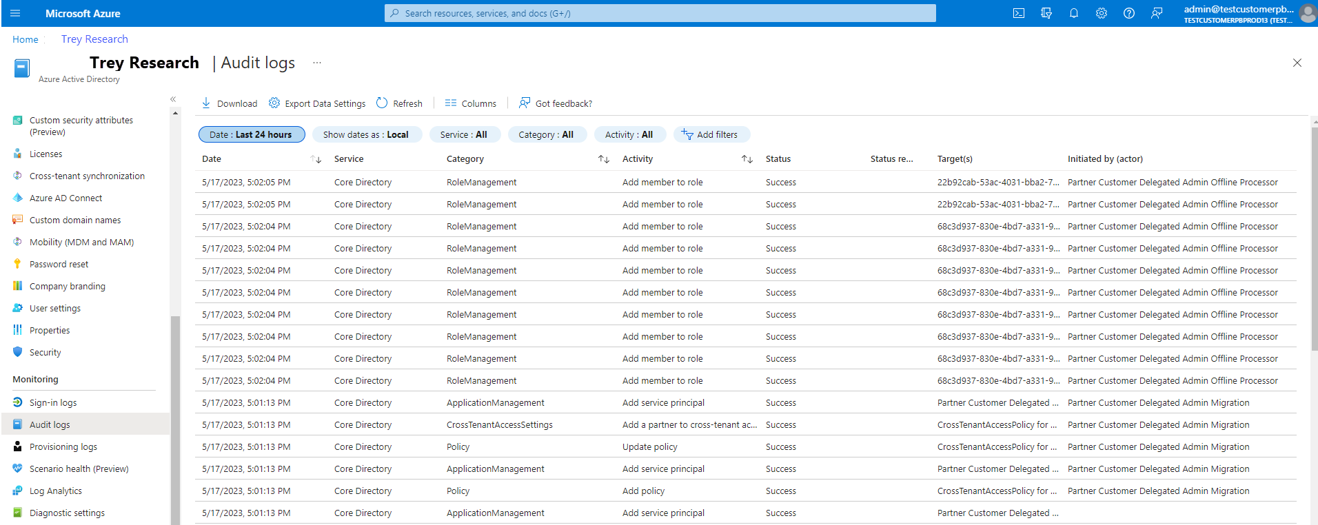 Screenshot of what the Audit logs in the customer tenant look like after the GDAP relationship is created through Microsoft-led transition: