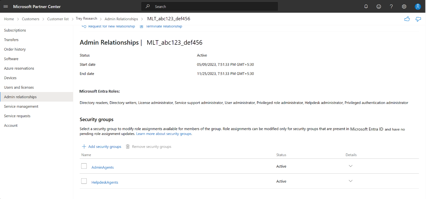 Screenshot of a sample Admin Relationship that has the name MLT_abc123_def456. The list shows admin relationships with the customer that are currently active, expired, or terminated.