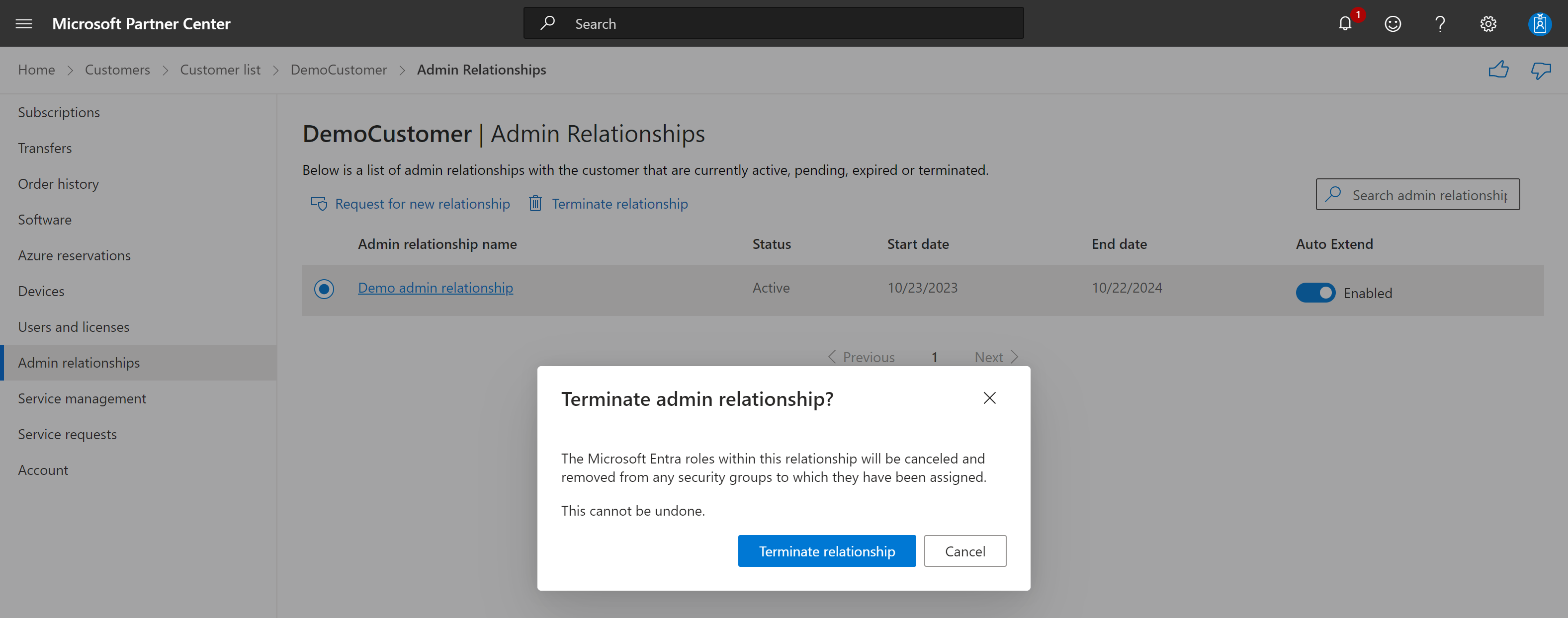 Screenshot depicting the terminate relationships page.