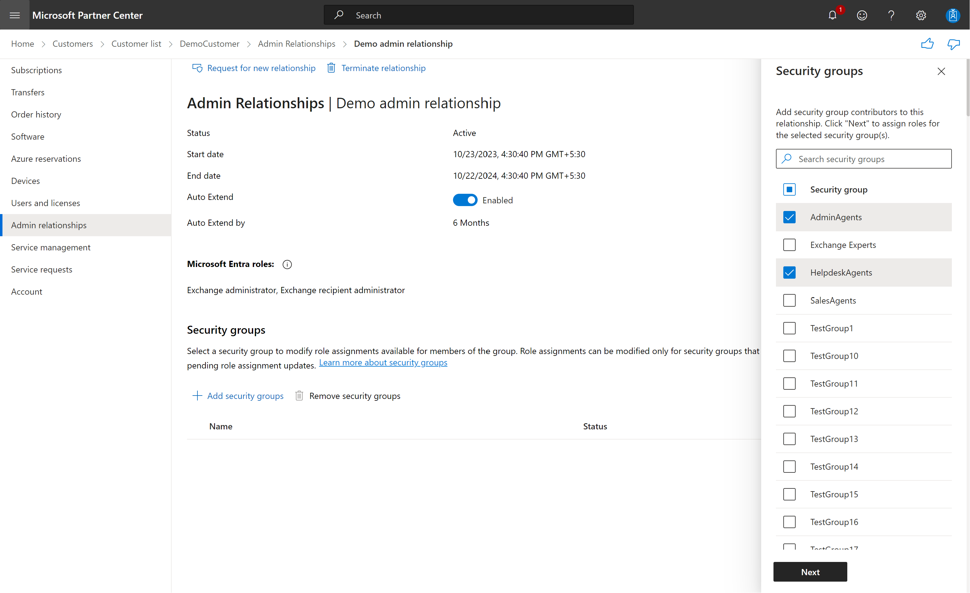 Screenshot depicting admin relationship details page with side panel displaying Security groups with AdminAgents and HelpdeskAgents selected.