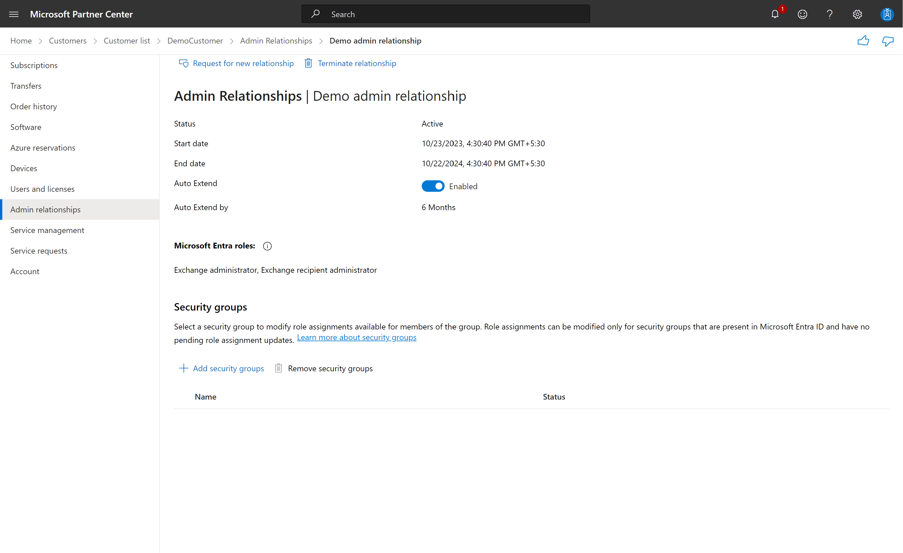 Screenshot depicting admin relationship details page.