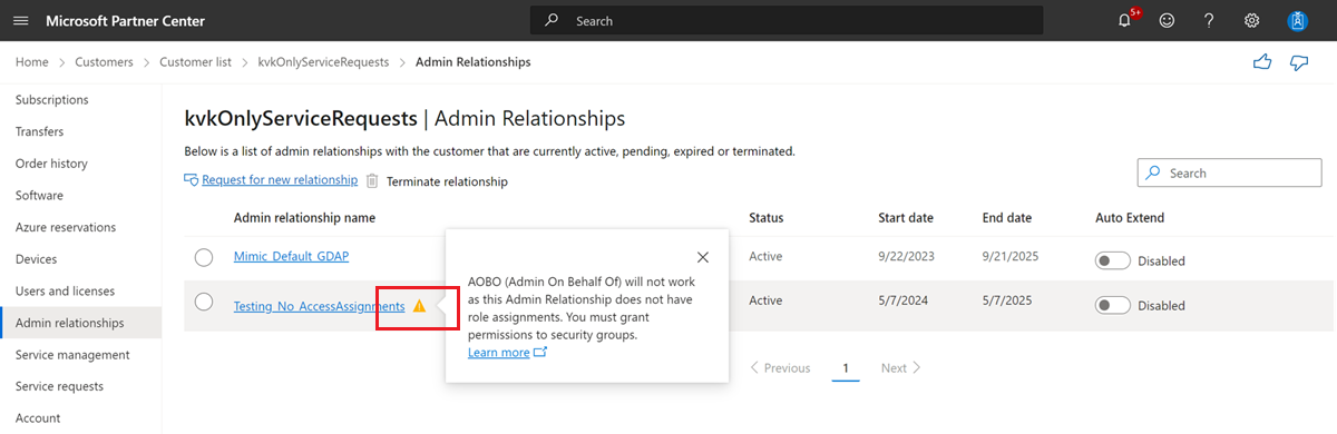 Screenshot of the Admin Relationships page displaying a yellow warning icon, with a red box callout.