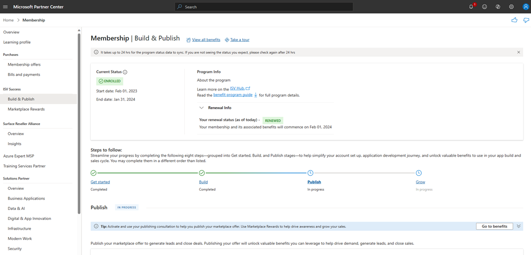 Screenshot showing the ISV Success build and publish page.