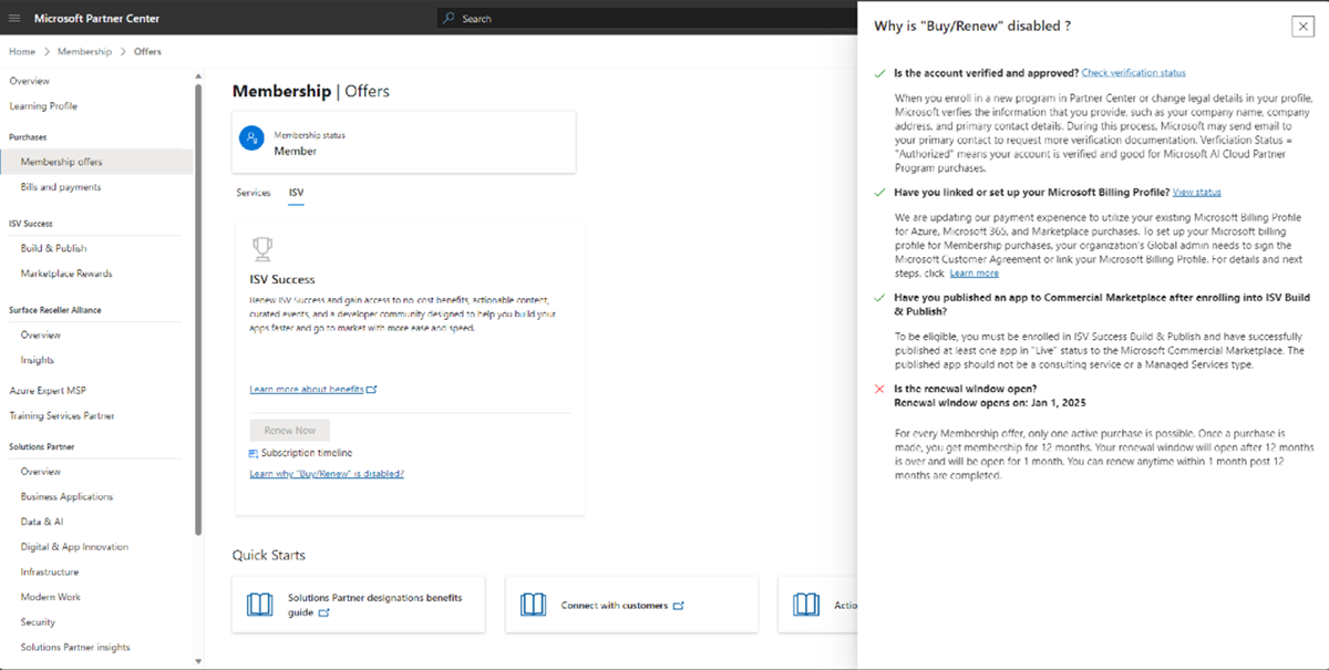 Shows a screen capture example of a partner who published, but won't be able to complete signing up to renew until January 1, 2025, so is ineligible for renewals.