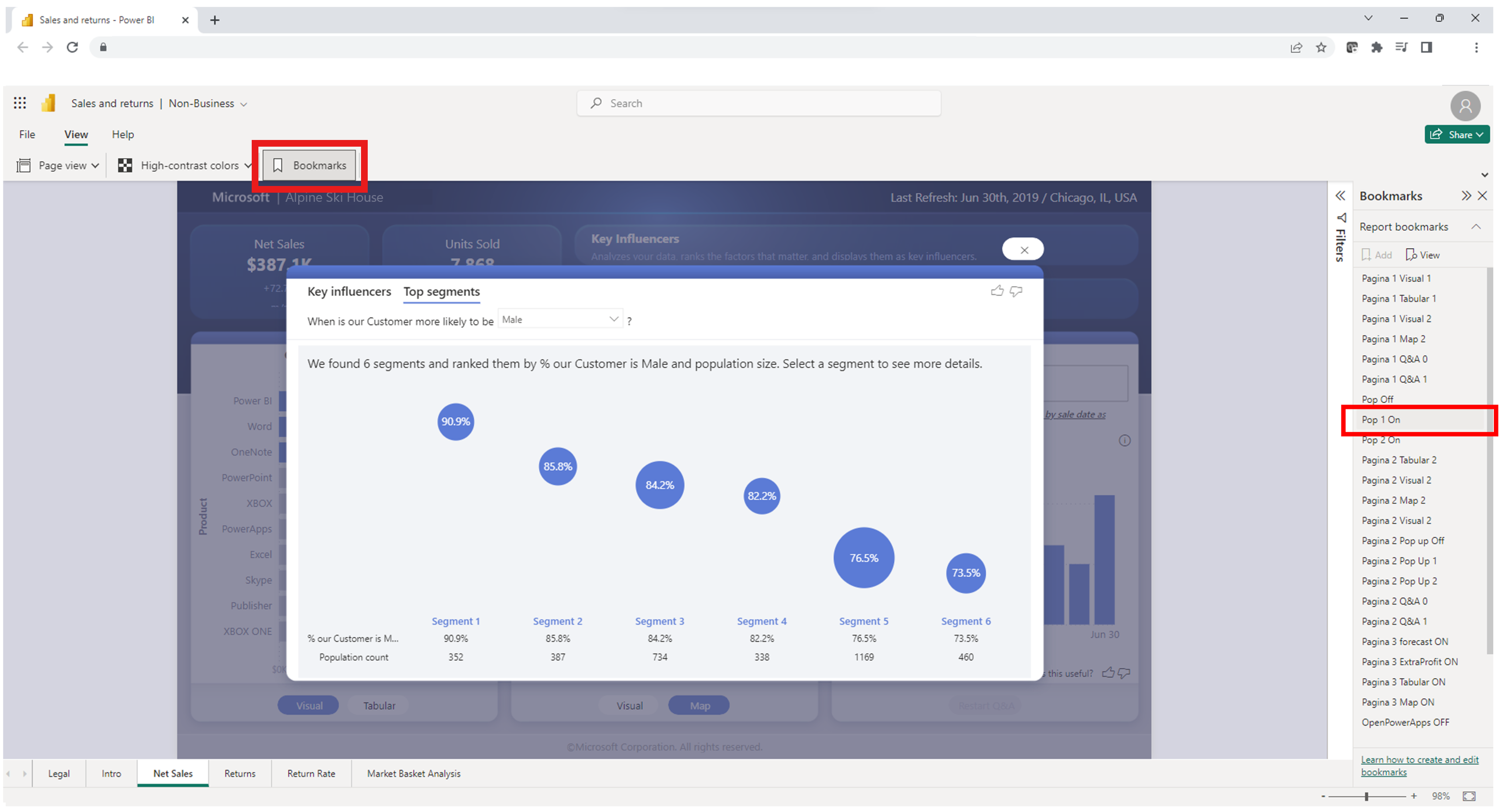 Screenshot of bookmarks in Power BI file in the browser.