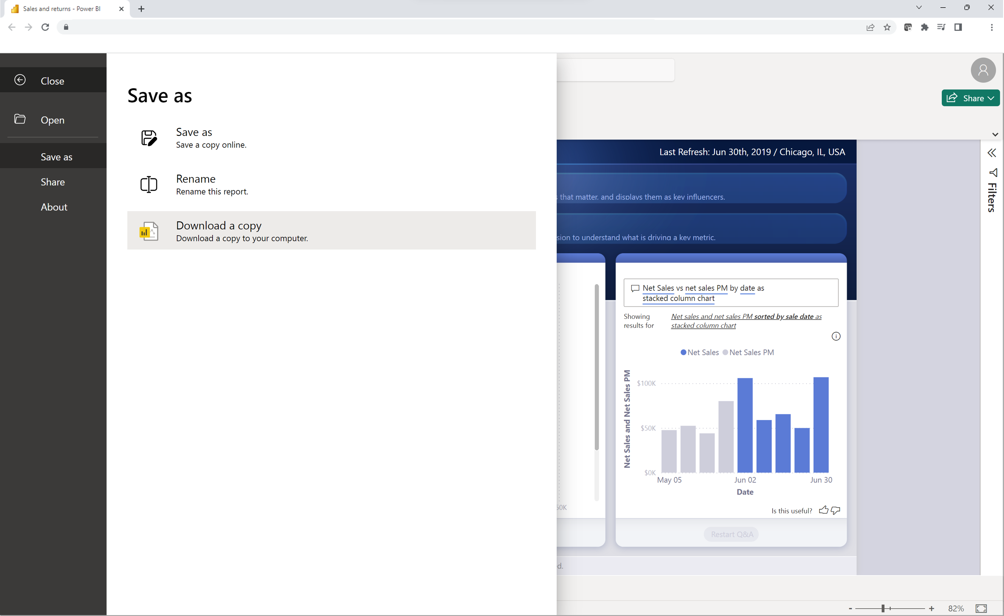 Screenshot of downloading a copy of the Power BI report.