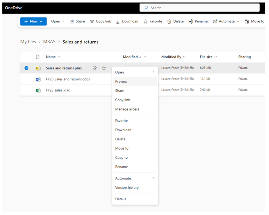 Screenshot of opening a preview of a Power BI file in OneDrive and SharePoint.