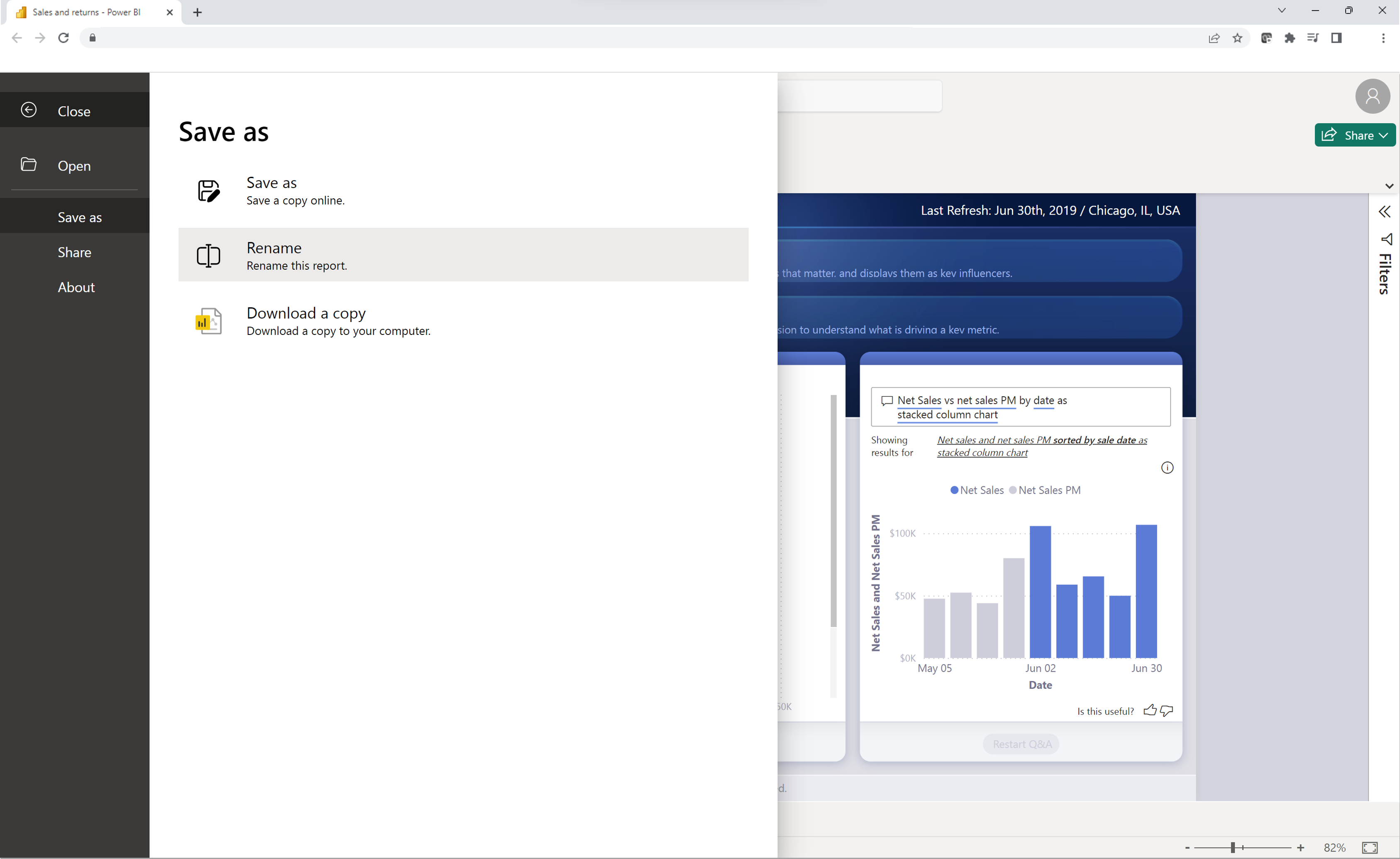 Screenshot of renaming the Power BI file from the file menu.