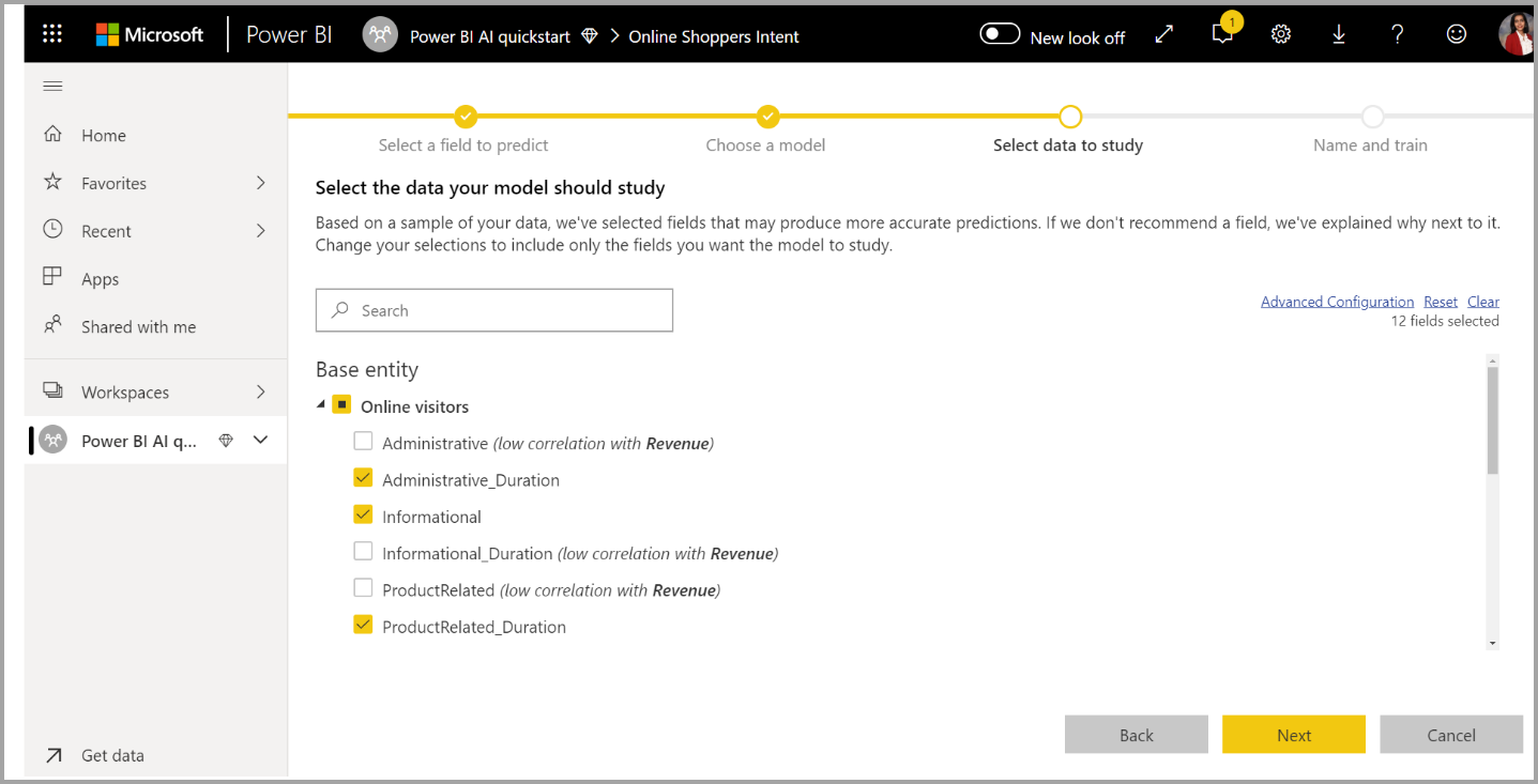 Screenshot of the Select data to study page.