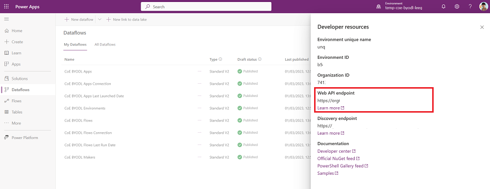 Copy the Environment Web API endpoint.