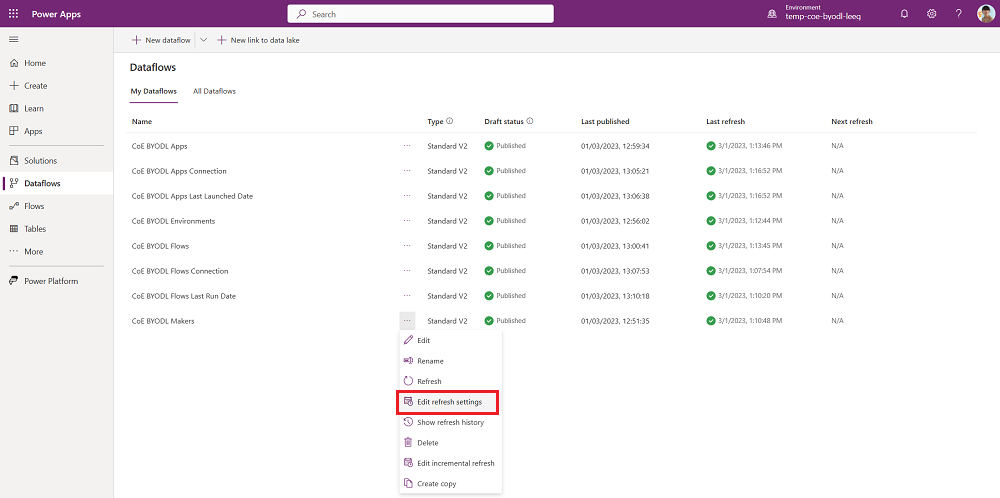 Edit refresh settings for the CoE BYODL Makers dataflow.