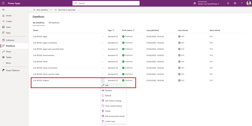 Edit the CoE BYODL Makers dataflow.