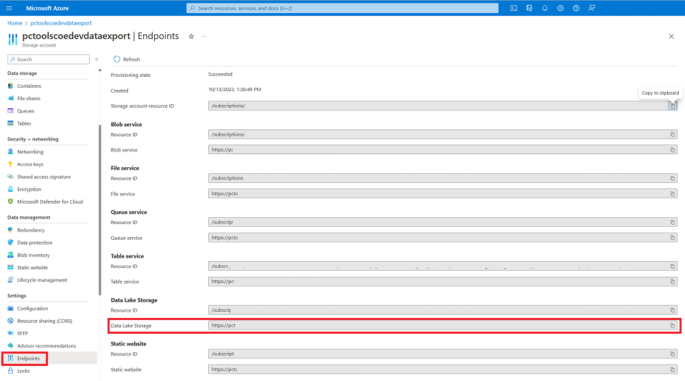 Copy Data Lake Storage URL from Storage Account endpoints.