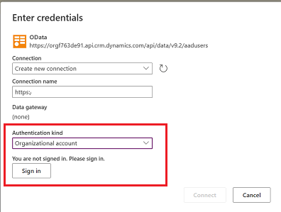 Configure the connection using your organizational account.