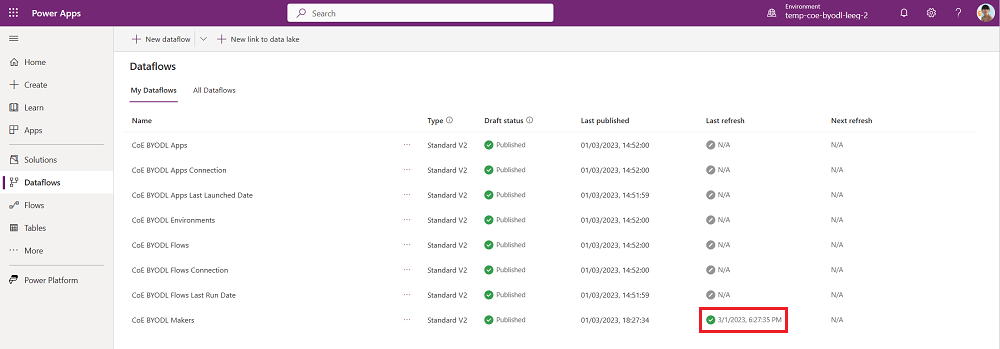 Wait for the CoE BYODL Makers dataflow to finish.