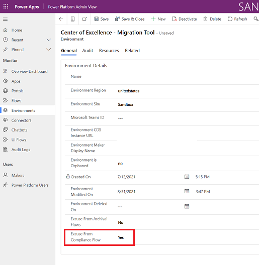 Exclude an environment from the compliance process in a Production environment