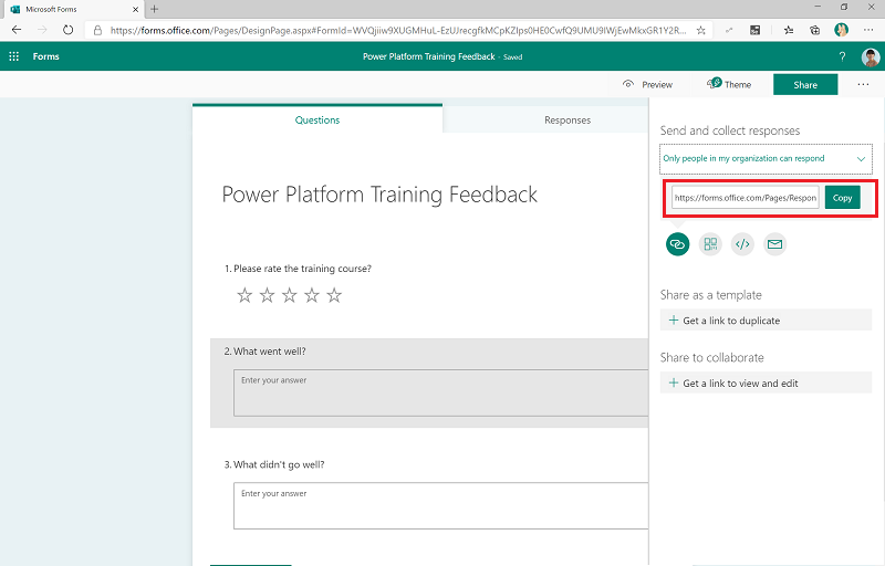 Copy the feedback form URL to send and collect responses.