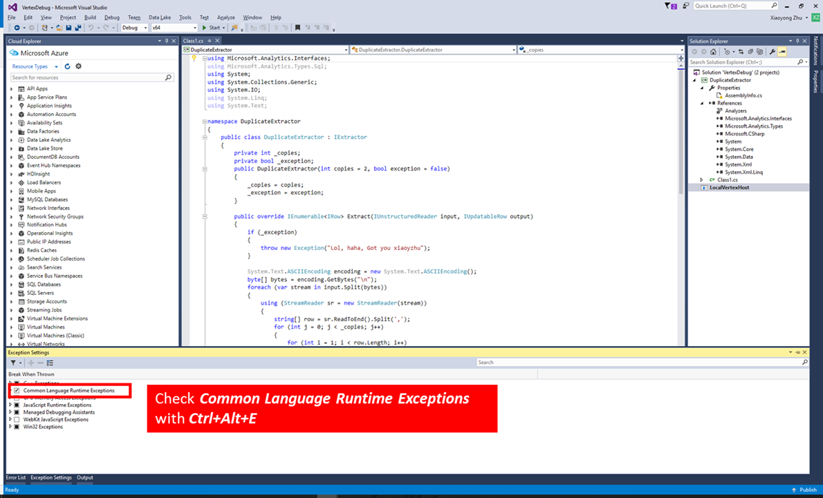 Screenshot of the user-defined C# source code, showing the exceptions settings with Common Language Runtime Exceptions set.