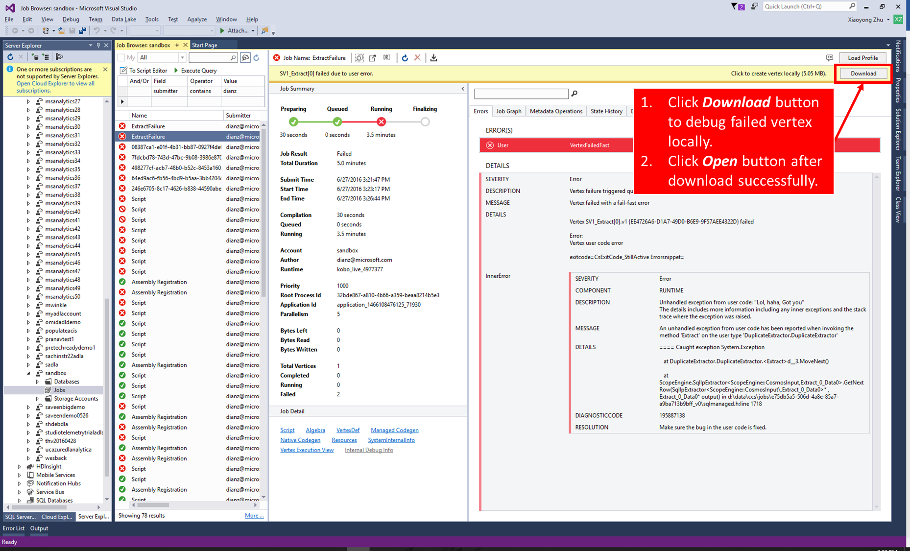 Screenshot of a Data Lake Analytics job in USQL with the Download button highlighted.